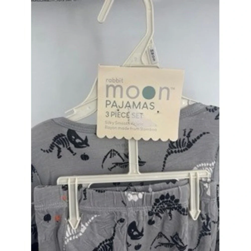 Rabbit Moon NEW Gray Dinosaur Skeleton Bamboo Pajama Set 3pc 24M Sleepwear